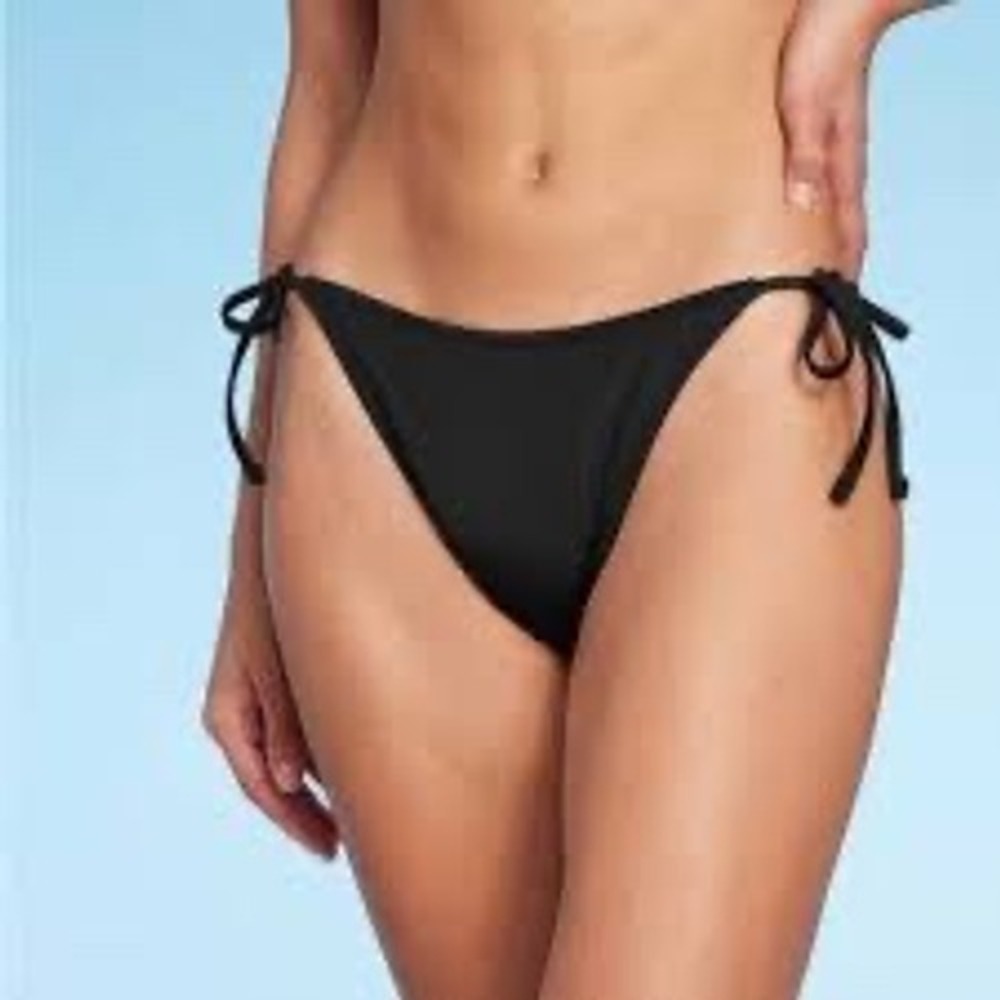 Shade & Shore Black Ribbed Side Tie Bikini Bottom Low Rise High Leg Medium Cover